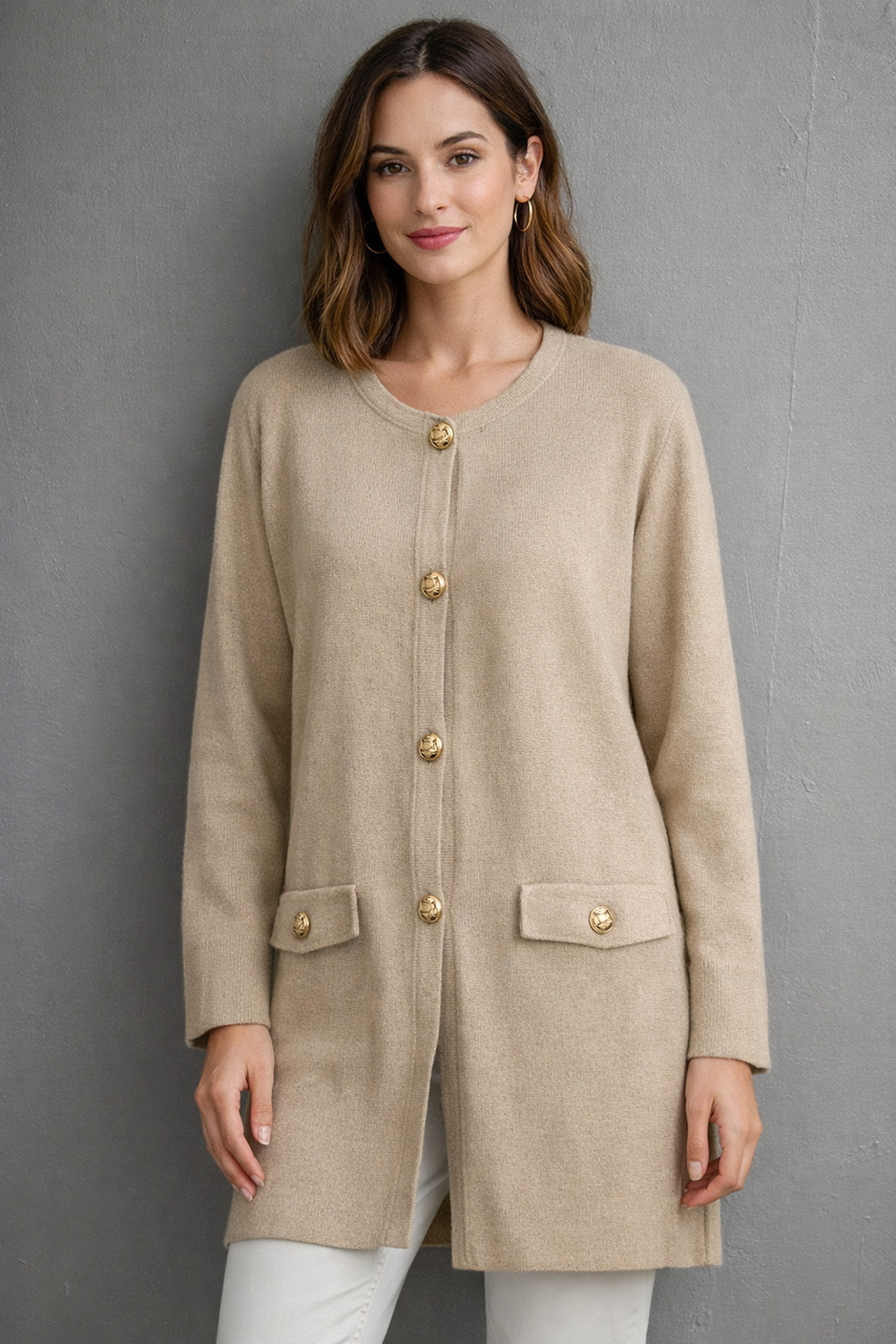 J.Crew Giselle Cotton Long Cardigan Sweater-Blazer L Beige Gold Crest Buttons